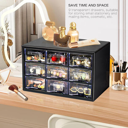 Stackable Desk Organizer with 9 Drawers, Clear Storage Box, Black