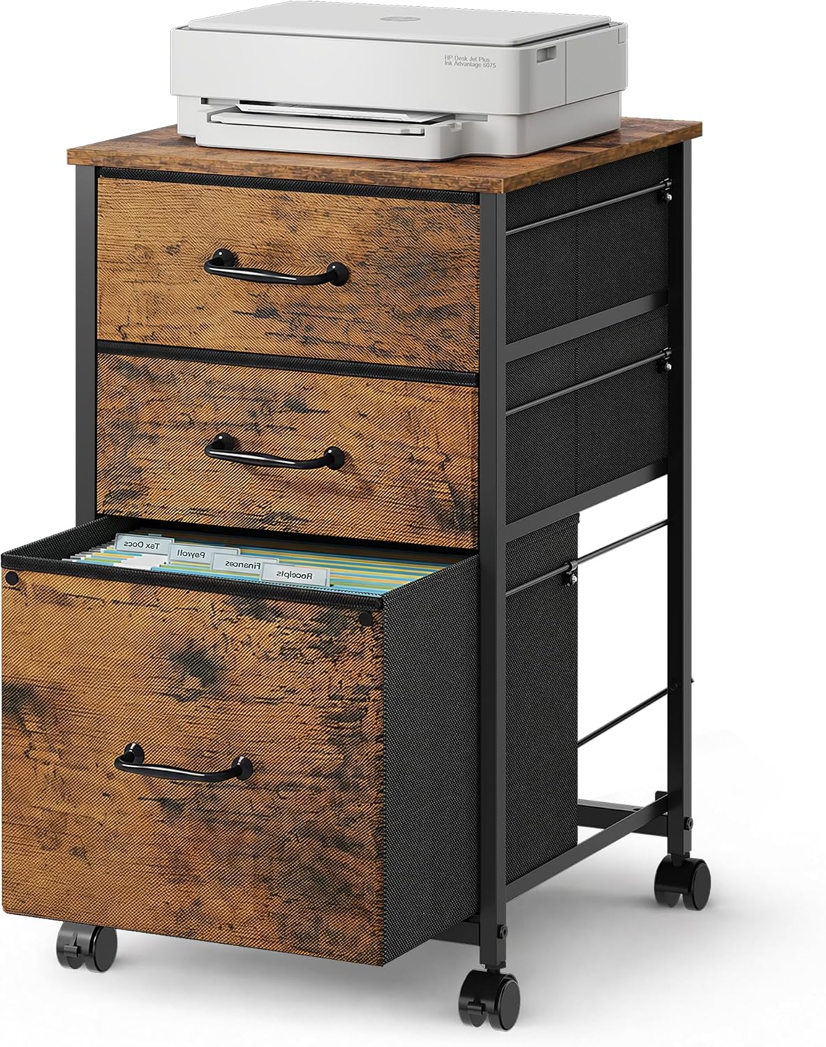 DEVAISE 3-Drawer Mobile File Cabinet, Rolling Printer Stand, Rustic Brown