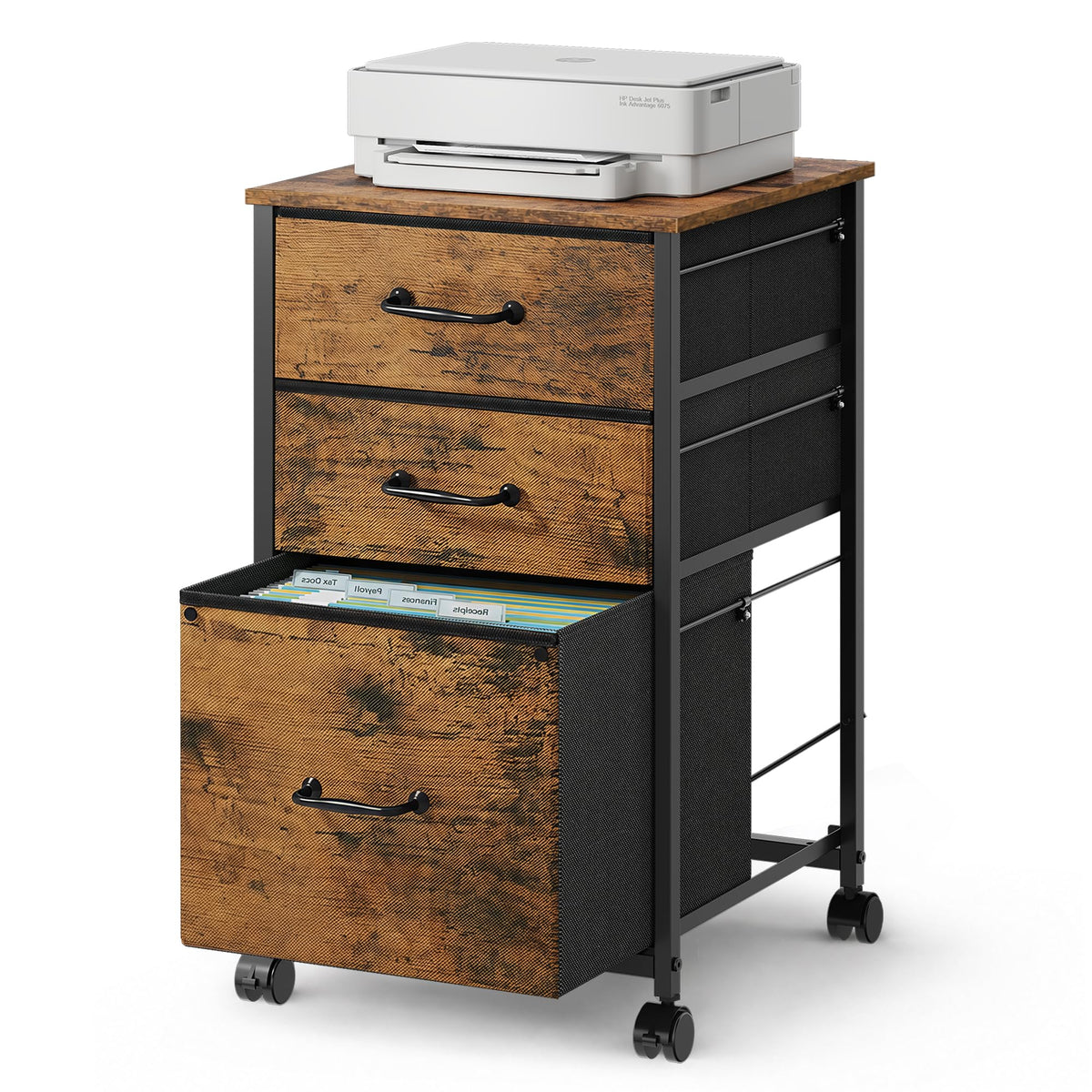 DEVAISE 3-Drawer Mobile File Cabinet, Rolling Printer Stand, Rustic Brown