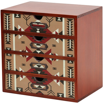 Mid-Century Modern Geometric Pattern Desk Organizer - Earth Tone Desktop Storage with 4-Drawer - Retro Modern Wood Cabinet for Office Supplies, Craft Tools, & Home Organization - MCM Drawer Unit