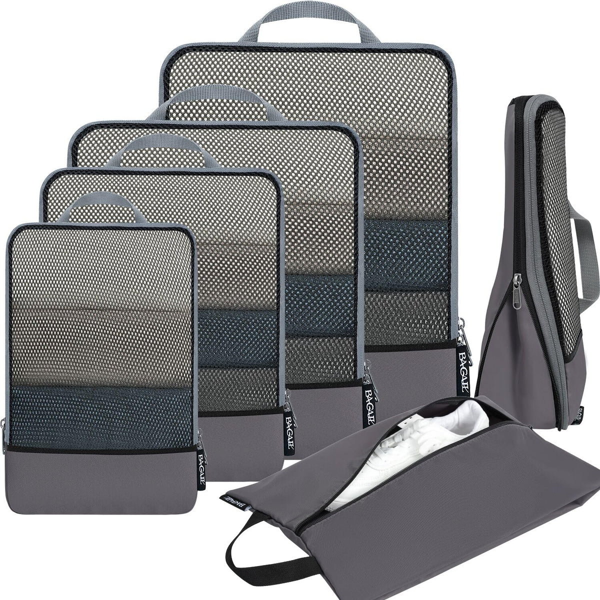 BAGAIL 4 Set/6 Set/8 Set Compression Packing Cubes Travel Accessories Expandable Packing Organizers (Half Mesh, 6-Black)