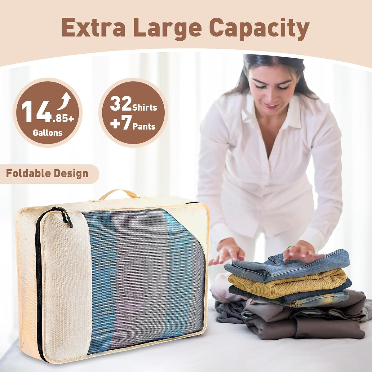 Toncoke 8-Piece Packing Cubes for Travel, 2026 Upgraded Durable Zippers & Reinforced Mesh, Complete Luggage Organizer Set with Shoe/Toiletry/Laundry Bags, 4 Sizes for Suitcase, Men Women, (Beige)