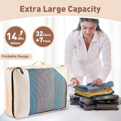 Toncoke 8-Piece Packing Cubes for Travel, 2026 Upgraded Durable Zippers & Reinforced Mesh, Complete Luggage Organizer Set with Shoe/Toiletry/Laundry Bags, 4 Sizes for Suitcase, Men Women, (Beige)