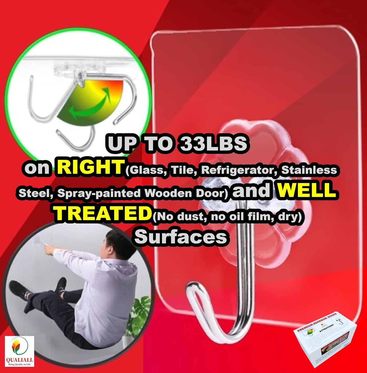 QUALIALL Adhesive Hooks, Transparent, 40pcs