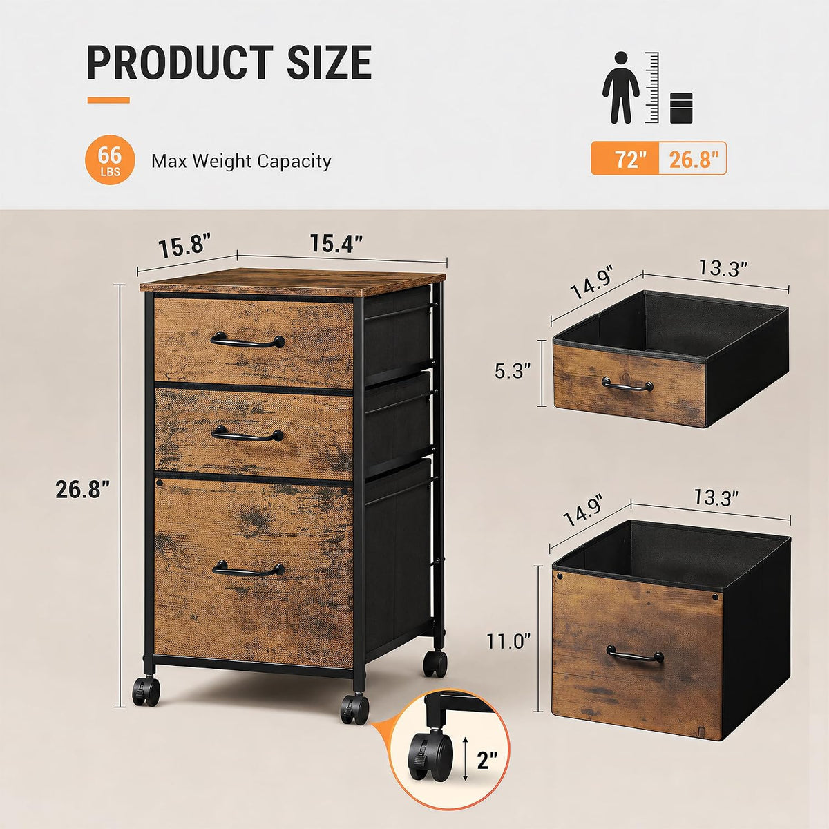 DEVAISE 3-Drawer Mobile File Cabinet, Rolling Printer Stand, Rustic Brown