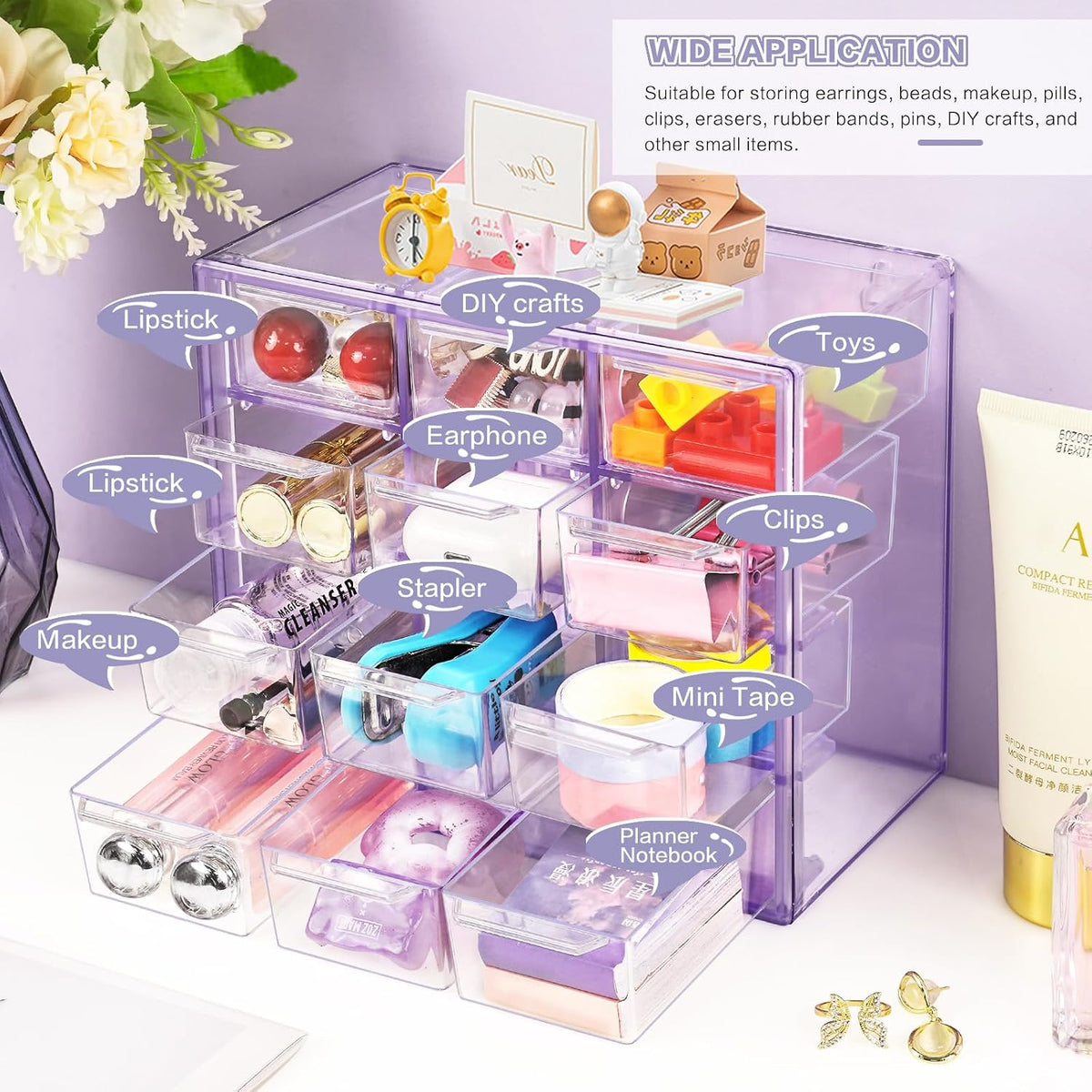 Desk Storage Organizer with 12 Mini Drawers, Stackable, Purple