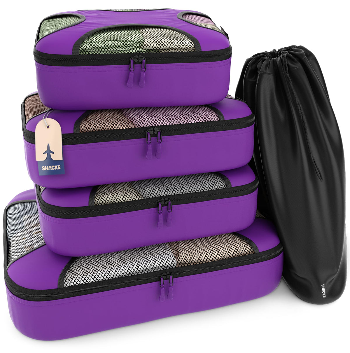 Shacke 5 Set Packing Cubes for Travel with Laundry Bag (Pure Black)