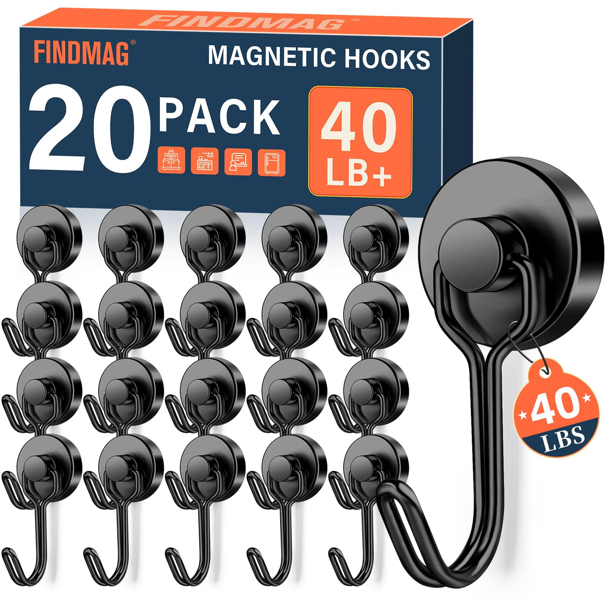 FINDMAG Magnetic Hooks for Cruise Cabins, 6 Pack, 30 LB+, Black