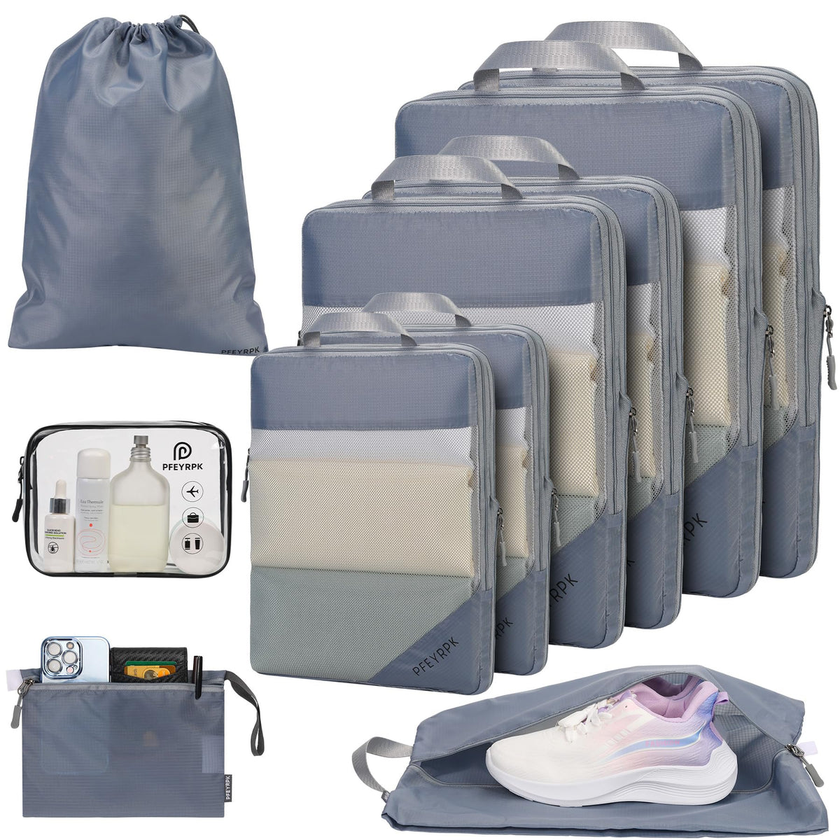 PFEYRPK Lightweight Compression Packing Cubes for Suitcases, Compressible Expandable Travel Packing Organizer with Clear Toiletries and Backpack Bag, Travel Essentials for Carry on Luggage 7 Set