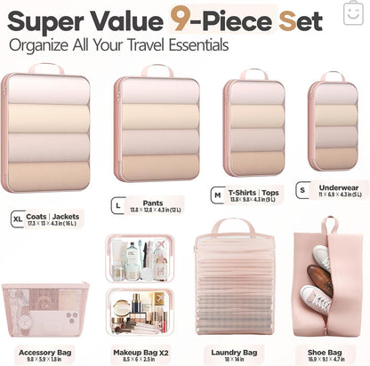 Veken 9/11 Set Compression Packing Cubes for Cruise Travel Essentials,Compressible Expandable Luggage Suitcase Organizer Bags for Clothing,Space Saver Bags with Over 1000 pcs of Mesh Holes(Beige)