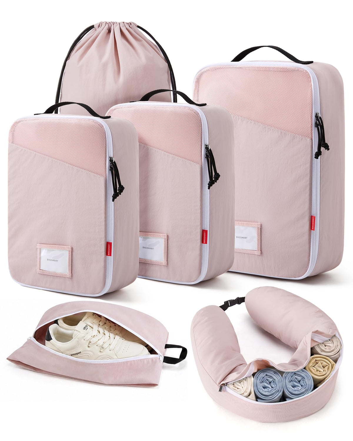 BAGSMART 6 Set Packing Cubes for Travel with Fillable Neck Pillow, Shoe Bag