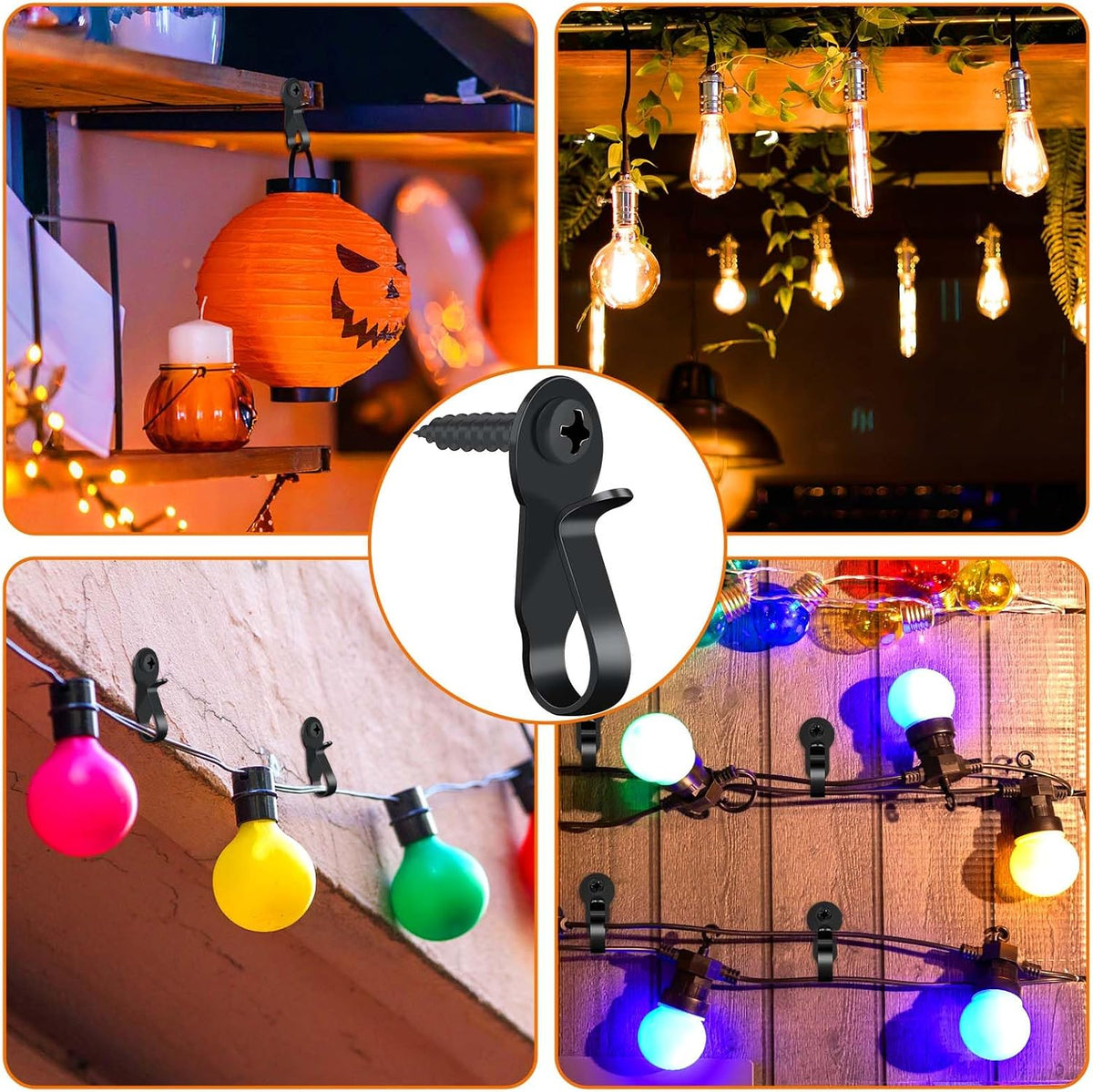 HiGift 36 Pack Light Hanger Hooks, Black Stainless Steel Screw in Hook for Hanging Outdoor Lights, Rope Light Clips for Christmas and Holiday Decor, Wire and Fairy Led Lights