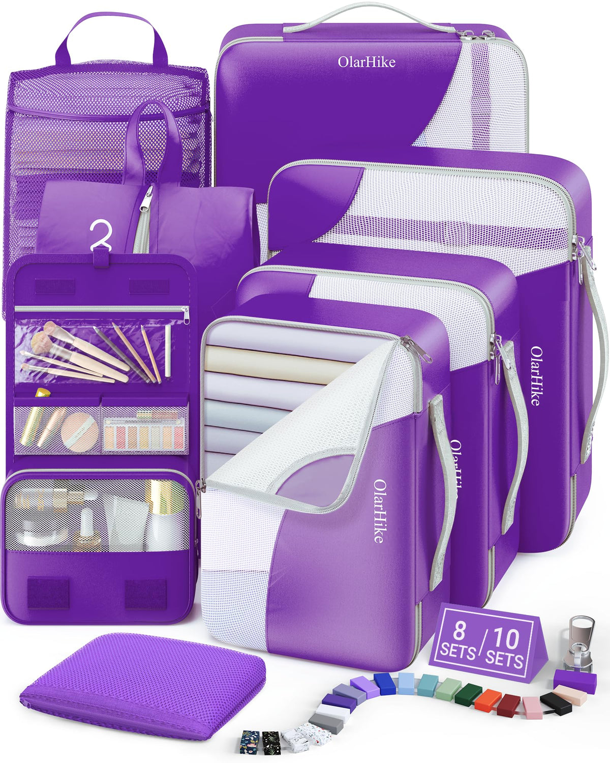 10 Set Packing Cubes for Travel, Gifts for Women Mom,Anti-Tearing Suitcase Organizer for Luggage with Shoe & Hanging Toiletry Bag,OlarHike Vacation Essentials & Accessories for Cruise Ship