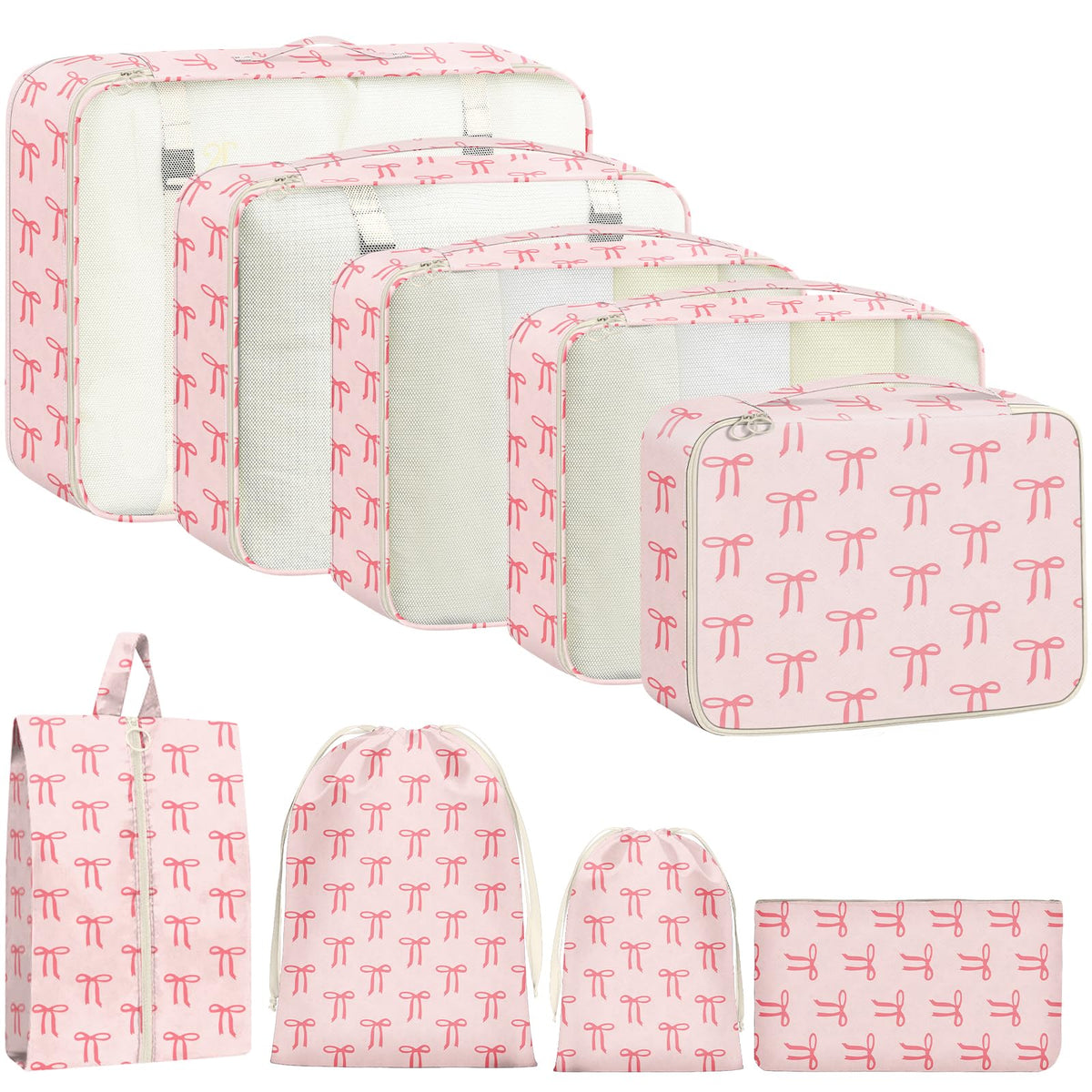 9 Set Packing Cubes for Travel Essentials - Lightweight Carry-On Luggage Organizer Bags with Shoe, Clothes & Laundry Bags for Airplane, Family & Business Travel, Pink leopard print