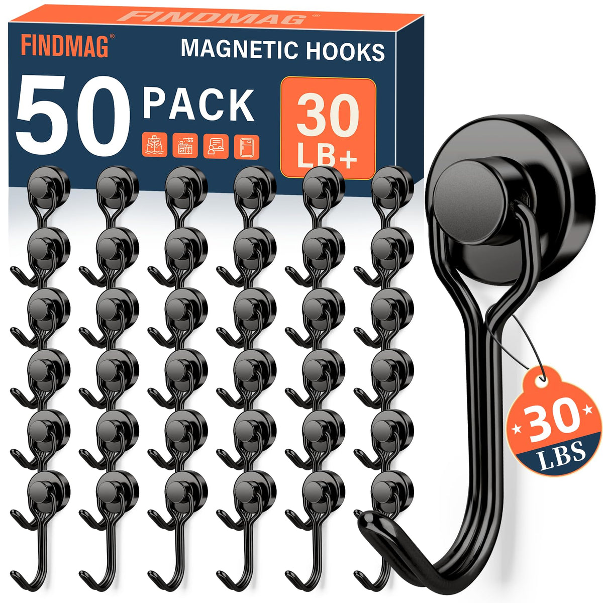 FINDMAG Magnetic Hooks for Cruise Cabins, 6 Pack, 30 LB+, Black