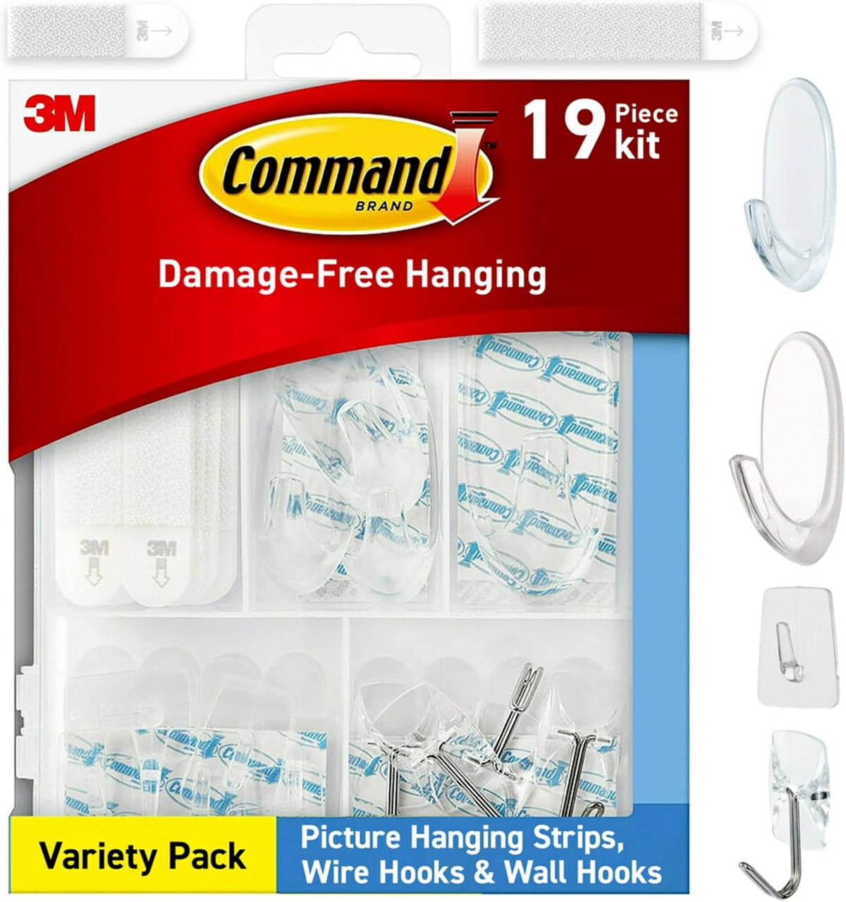 Command Clear Variety Pack, Including 8 Pairs of Picture Hangers, 4 Clear Wire Hooks and 11 Wall Hook for Hanging Back to School Dorm Organizers, Damage-Free Hanging Up to 19 Items