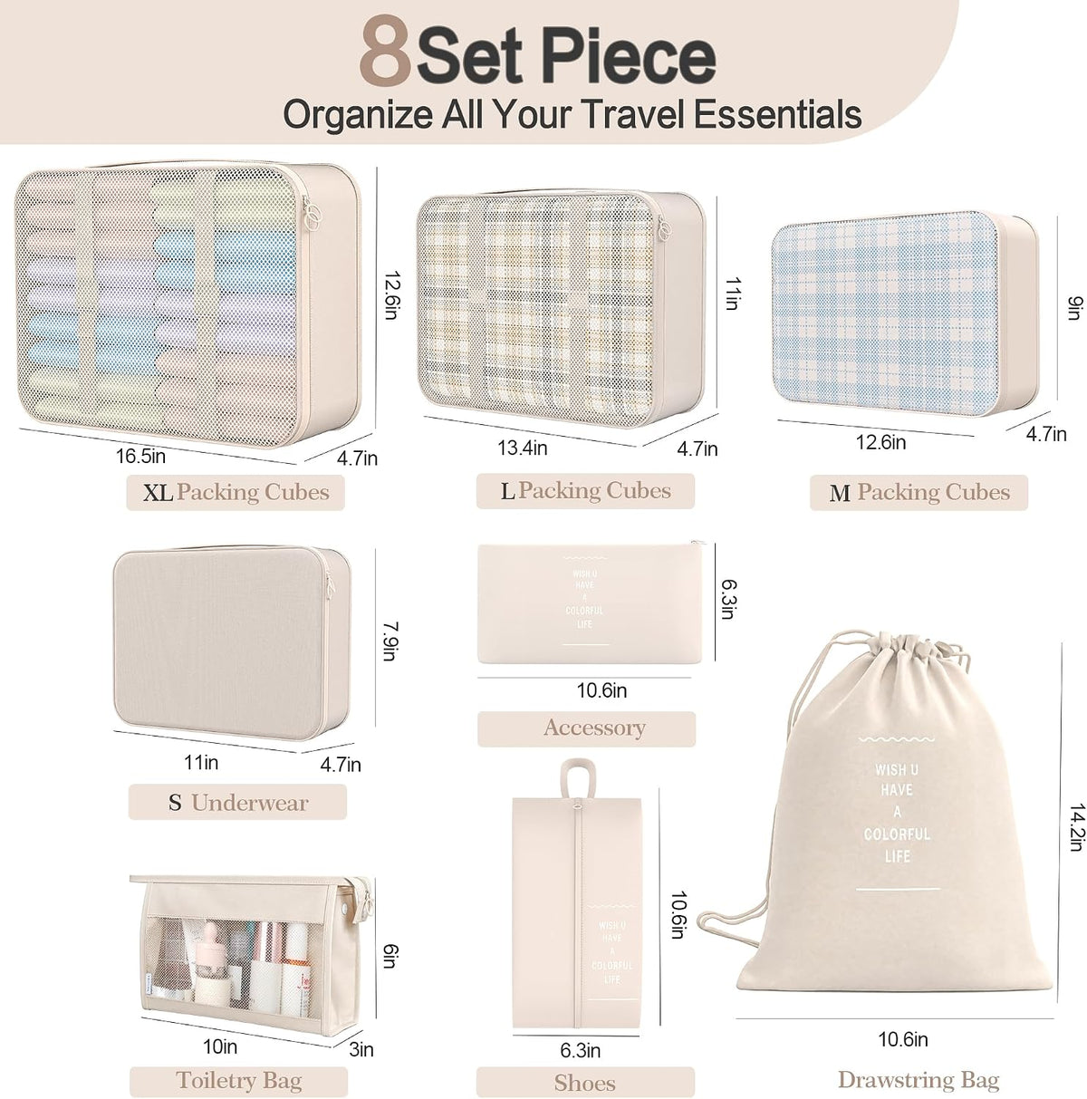 8 Set Packing Cubes for Travel, Anti-Tearing Luggage Organizer Bags