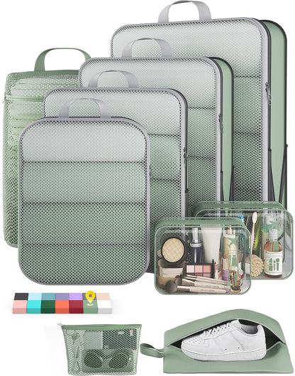 Veken 9/11 Set Compression Packing Cubes for Cruise Travel Essentials,Compressible Expandable Luggage Suitcase Organizer Bags for Clothing,Space Saver Bags with Over 1000 pcs of Mesh Holes(Beige)