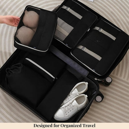 7Pc Packing Cubes for Travel & Storage, Zipper & Drawstring Bags Set, Black