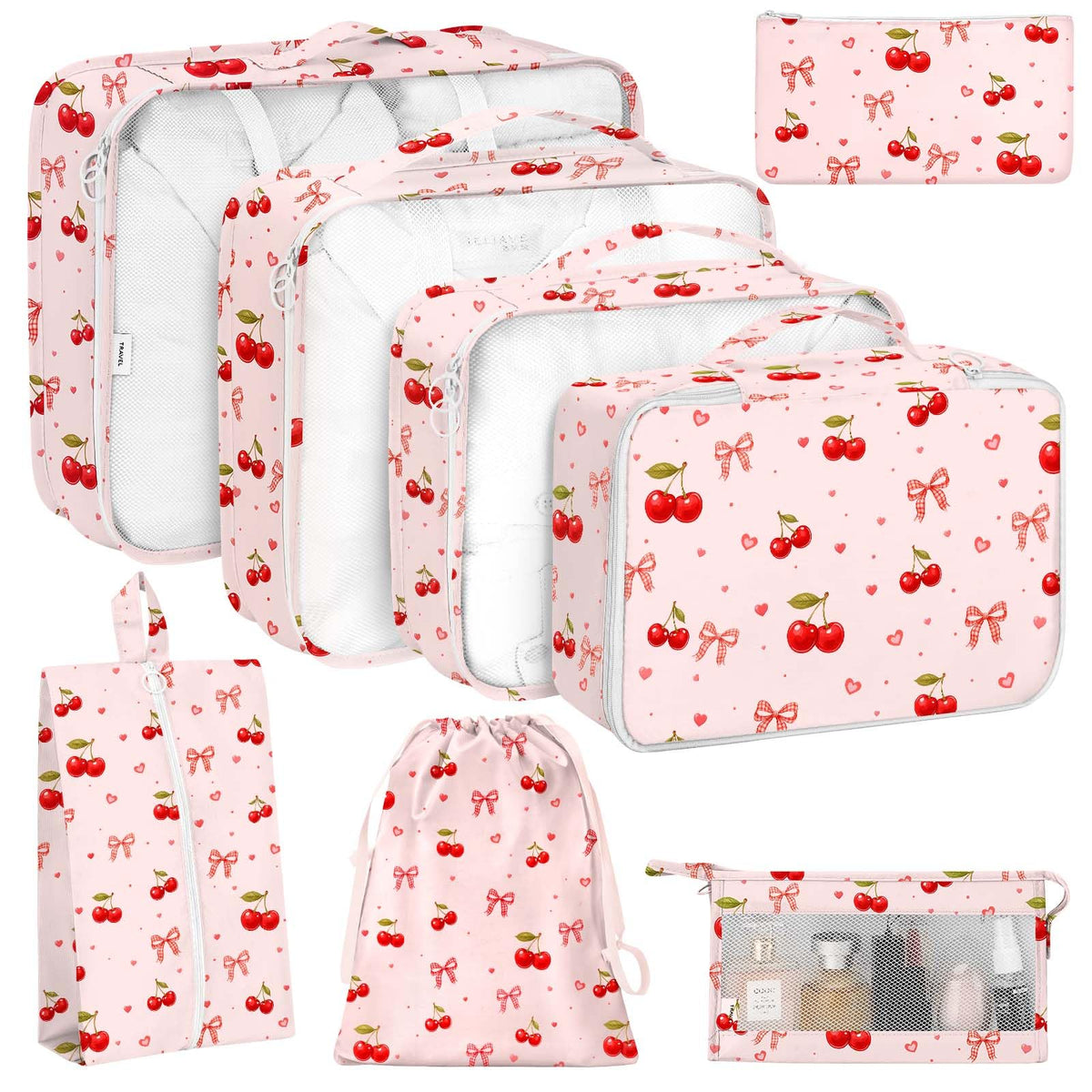 KPX 8 Set Packing Cubes for Travel, Luggage Packing Organizers Accessories Large Toiletries Bag for Clothes Shoes Cosmetics (8Set-Pink Bow)