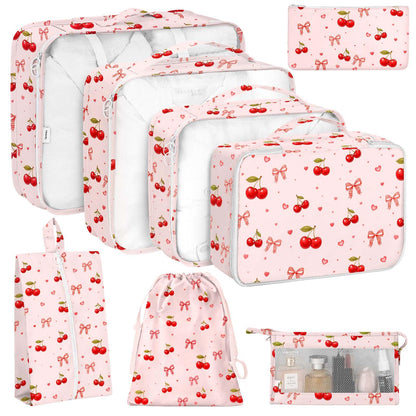 KPX 8 Set Packing Cubes for Travel, Luggage Packing Organizers Accessories Large Toiletries Bag for Clothes Shoes Cosmetics (8Set-Pink Bow)
