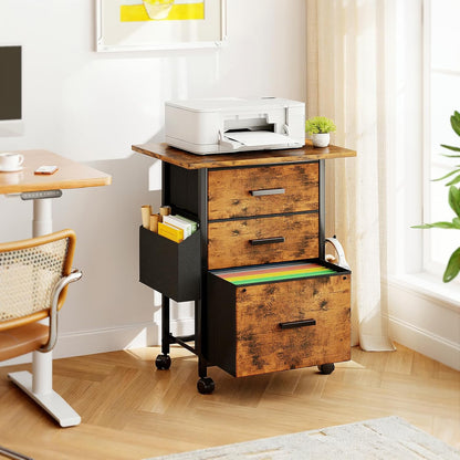 Mexin 3 Drawer File Cabinet with 22'' Extended Desktop, Mobile Filing Cabinet, Printer Stand, Rolling Printer Stand with Side Bag, Fabric Drawer, Fits A4 Size, Home Office,Rustic Brown