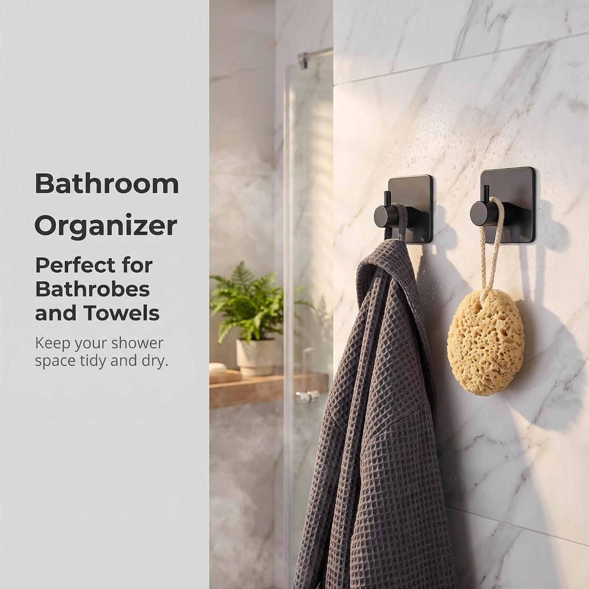 Fotosnow Black Adhesive Towel Hooks Heavy Duty Stick on Wall Hooks Shower Hooks for Bathroom Kitchen Door-4 Packs