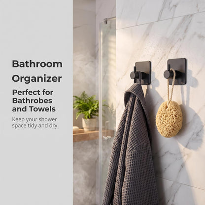 Fotosnow Black Adhesive Towel Hooks Heavy Duty Stick on Wall Hooks Shower Hooks for Bathroom Kitchen Door-4 Packs