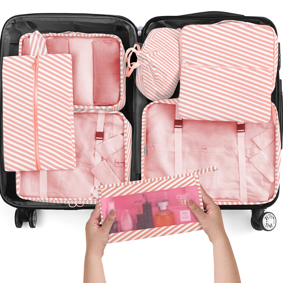 KPX 8 Set Packing Cubes for Travel, Luggage Packing Organizers Accessories Large Toiletries Bag for Clothes Shoes Cosmetics (8Set-Pink Bow)