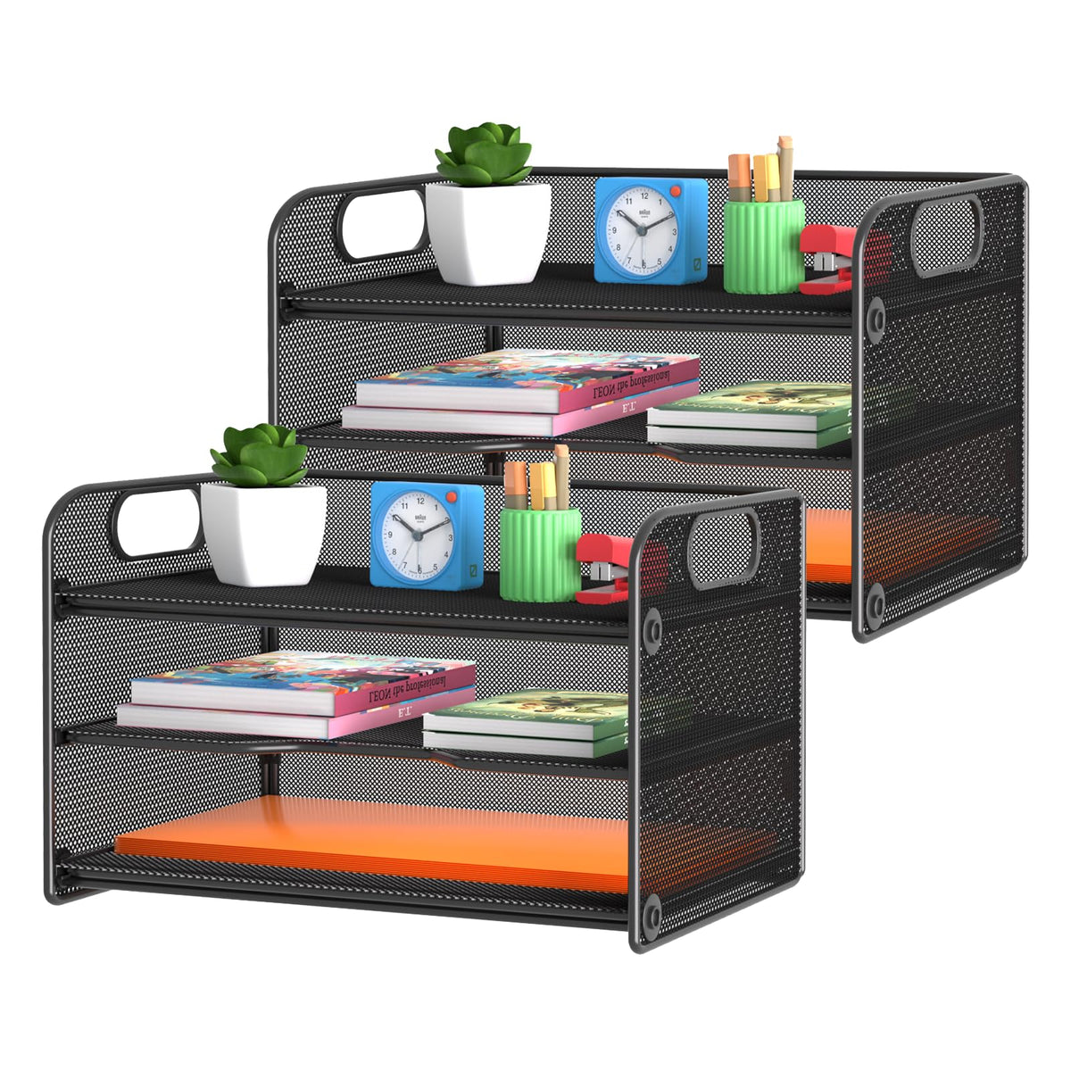 Samstar 3 Tier Pink Letter Tray Paper Organizer with Handle, Mesh Desk Organizer Paper Sorter File Rack Shelves, Pink