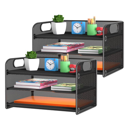 Samstar 3 Tier Pink Letter Tray Paper Organizer with Handle, Mesh Desk Organizer Paper Sorter File Rack Shelves, Pink