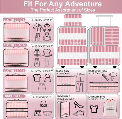 9 Set Packing Cubes Luggage Packing Organizers for Travel Accessories Space Saving Travel Bags for Carry On, Lightweight Mesh Zipper, Clothes, Shoes and Laundry Bag, Suitcases (Pink Streak)
