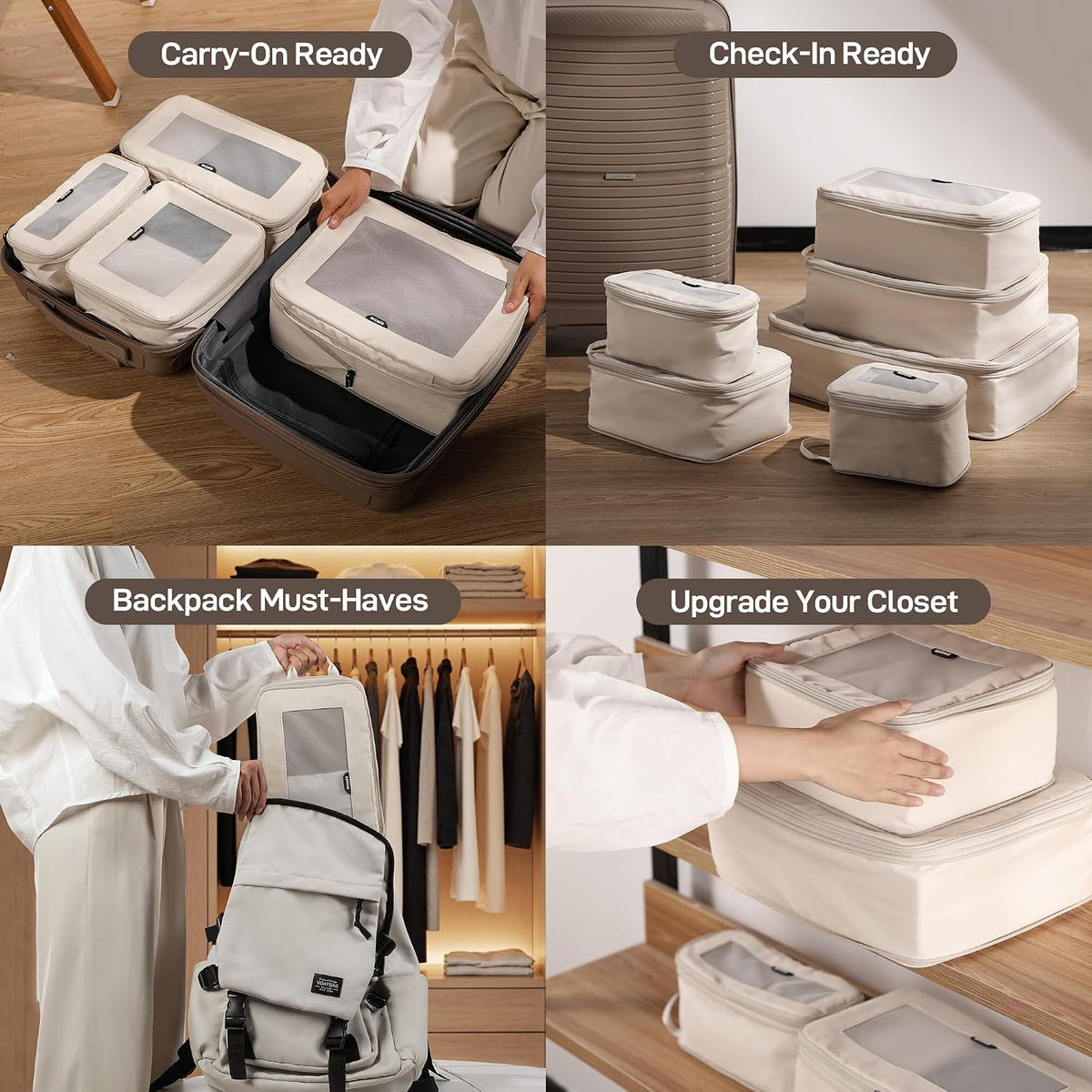EPICKA TripCozy Compression Packing Cubes, 4 Set, Beige