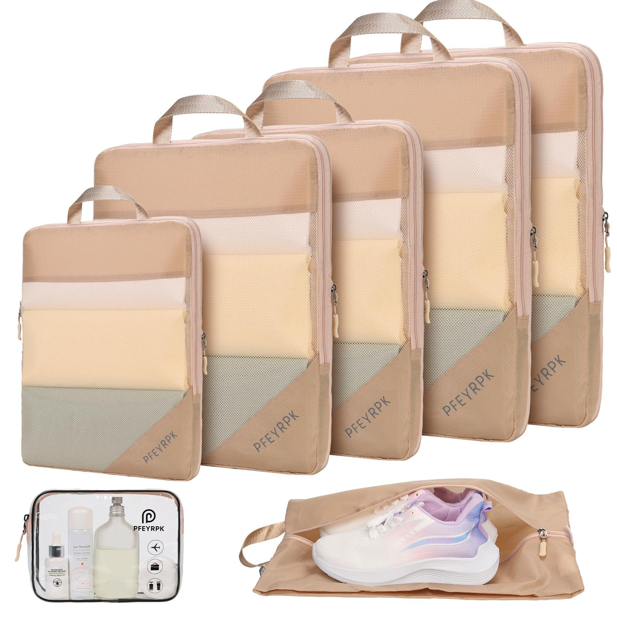 PFEYRPK Lightweight Compression Packing Cubes for Suitcases, Compressible Expandable Travel Packing Organizer with Clear Toiletries and Backpack Bag, Travel Essentials for Carry on Luggage 7 Set