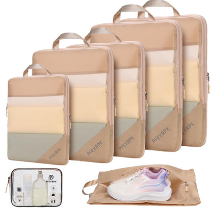 PFEYRPK Lightweight Compression Packing Cubes for Suitcases, Compressible Expandable Travel Packing Organizer with Clear Toiletries and Backpack Bag, Travel Essentials for Carry on Luggage 7 Set