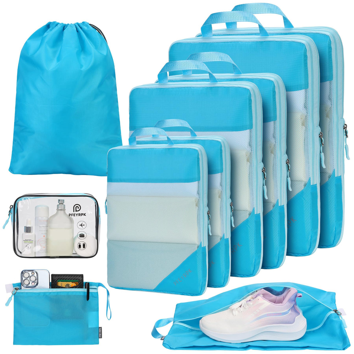 PFEYRPK Lightweight Compression Packing Cubes for Suitcases, Compressible Expandable Travel Packing Organizer with Clear Toiletries and Backpack Bag, Travel Essentials for Carry on Luggage 7 Set