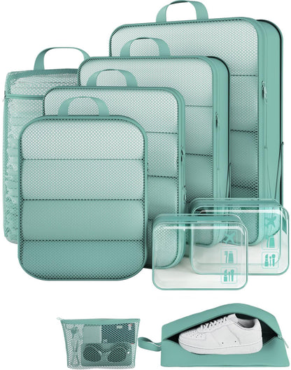 Veken 9/11 Set Compression Packing Cubes for Cruise Travel Essentials,Compressible Expandable Luggage Suitcase Organizer Bags for Clothing,Space Saver Bags with Over 1000 pcs of Mesh Holes(Beige)