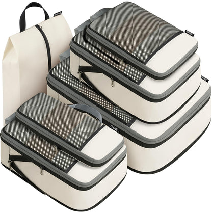 BAGAIL 4 Set/6 Set/8 Set Compression Packing Cubes Travel Accessories Expandable Packing Organizers (Half Mesh, 6-Black)