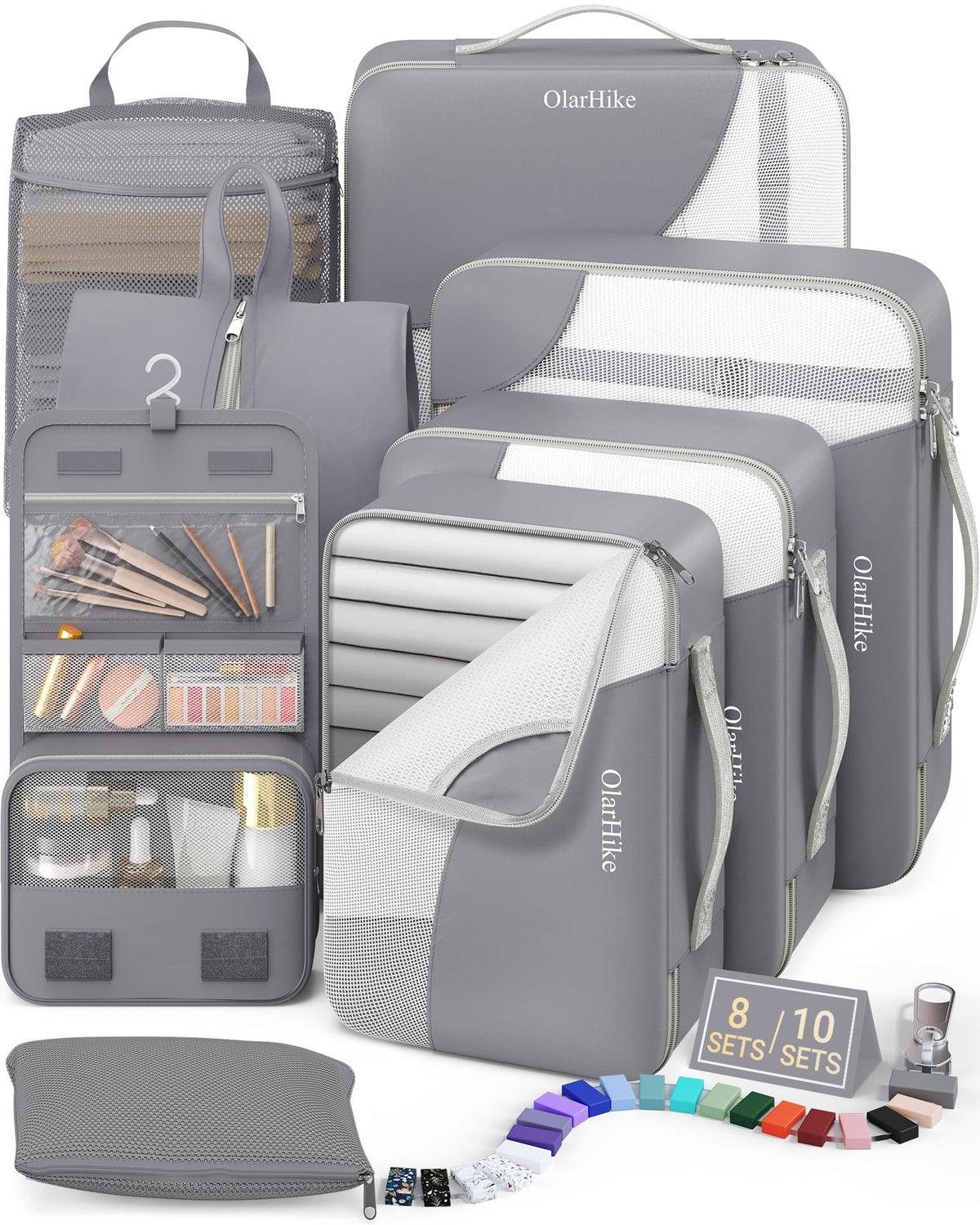 10 Set Packing Cubes for Travel, Gifts for Women Mom,Anti-Tearing Suitcase Organizer for Luggage with Shoe & Hanging Toiletry Bag,OlarHike Vacation Essentials & Accessories for Cruise Ship