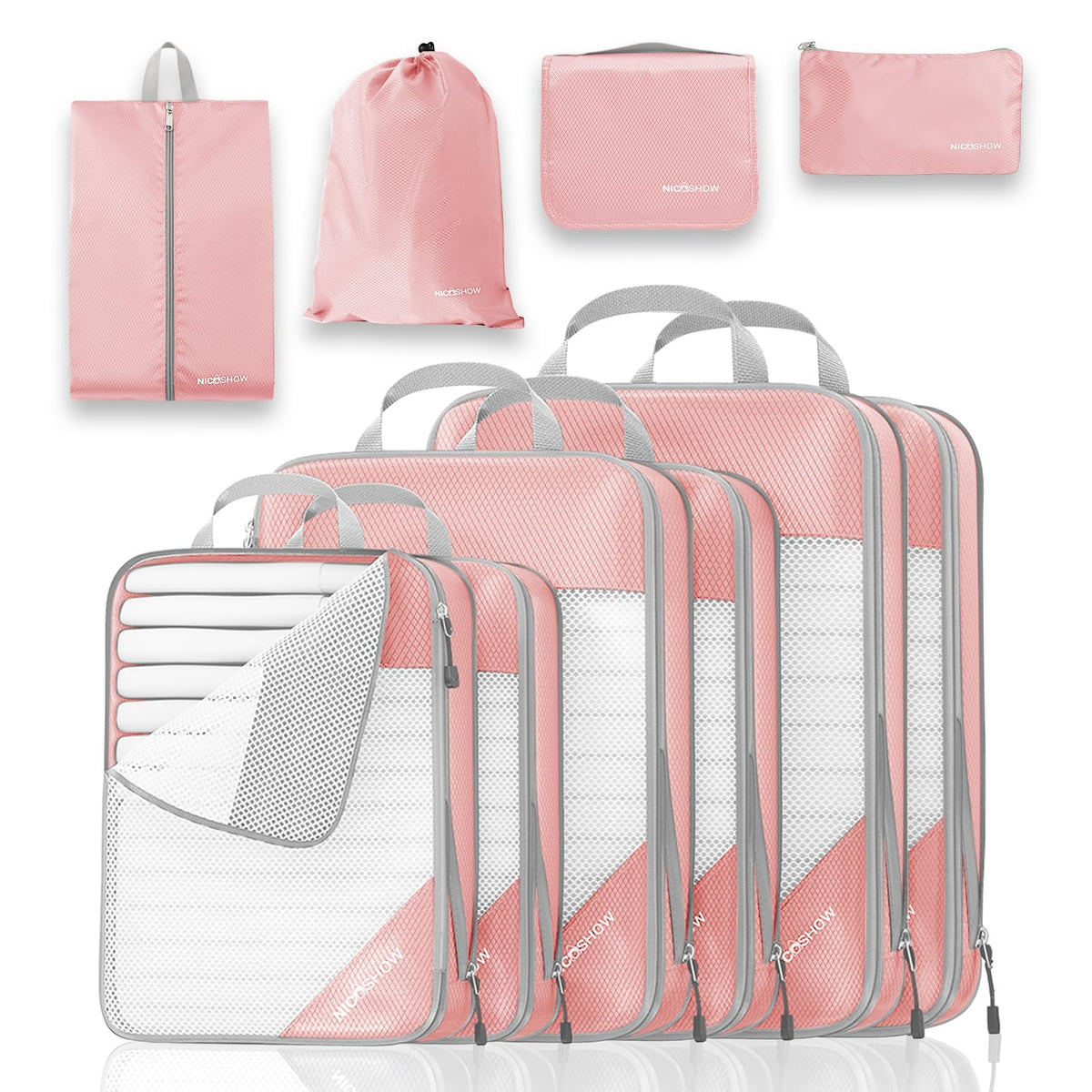 NICOSHOW 6 Set Compression Packing Cubes for Travel - Compressible, Lightweight, and Space-Saving Packing Cubes, Travel Essentials for Women, Grey