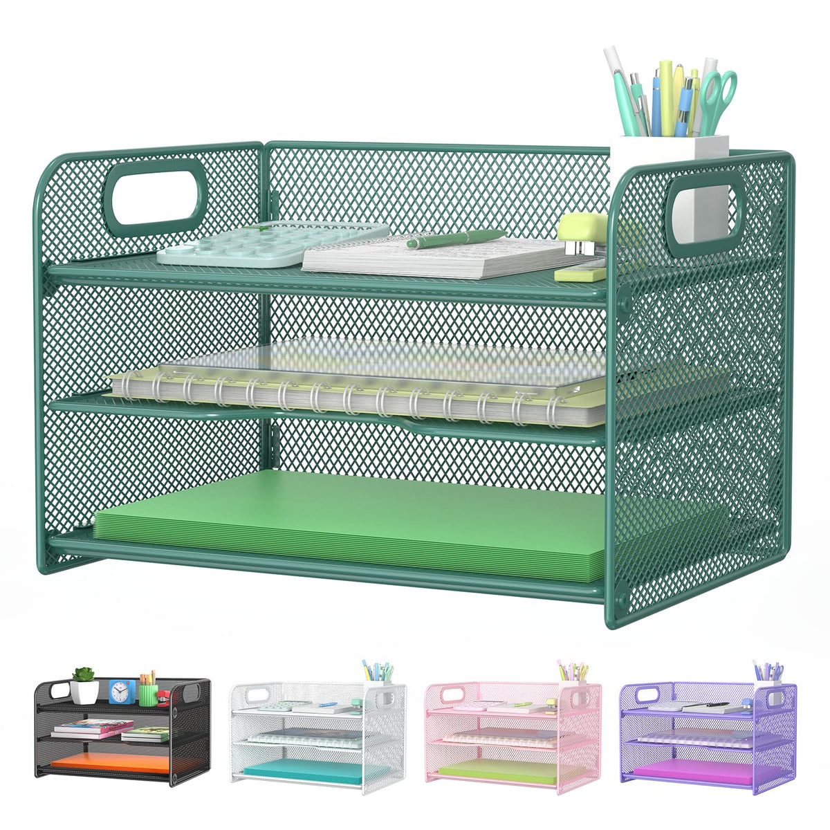 Samstar 3 Tier Pink Letter Tray Paper Organizer with Handle, Mesh Desk Organizer Paper Sorter File Rack Shelves, Pink