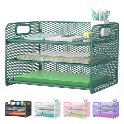 Samstar 3 Tier Pink Letter Tray Paper Organizer with Handle, Mesh Desk Organizer Paper Sorter File Rack Shelves, Pink