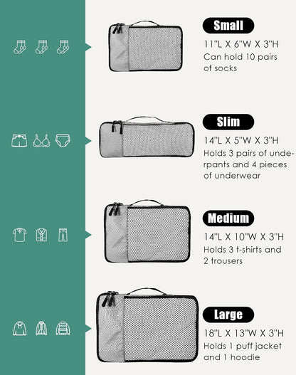 WTREE 4-Piece Packing Cubes Travel Accessories Set for Suitcases - Luggage Organizer Bags with Double Zipper - Mesh Top - Small/Medium/Large/Slim - Grey