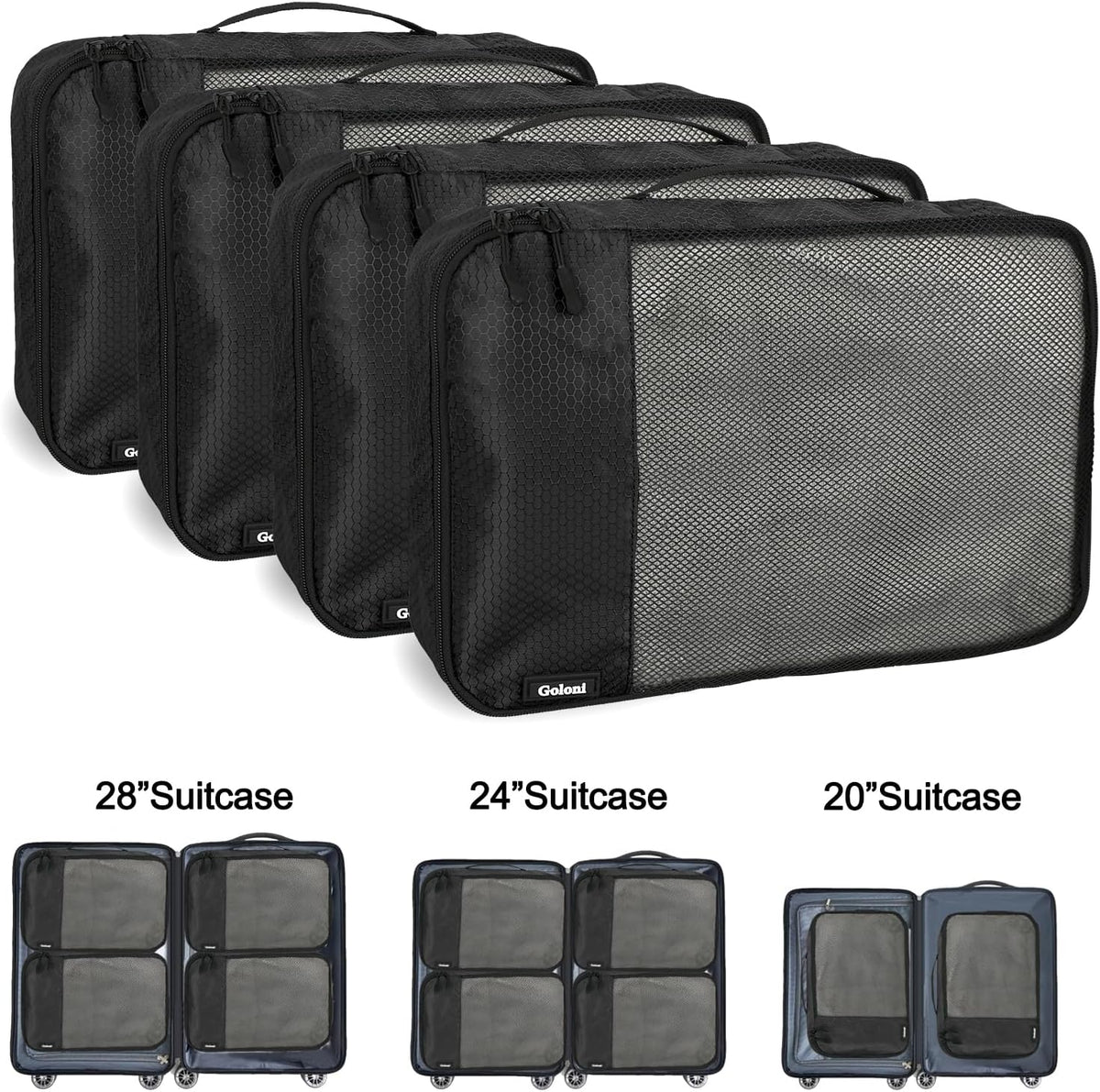 Packing Cubes for Travel,4 Set Packing Cubes for Suitcases,Lightweight Mesh Luggage Organizer Bag with Double Zipper,Black