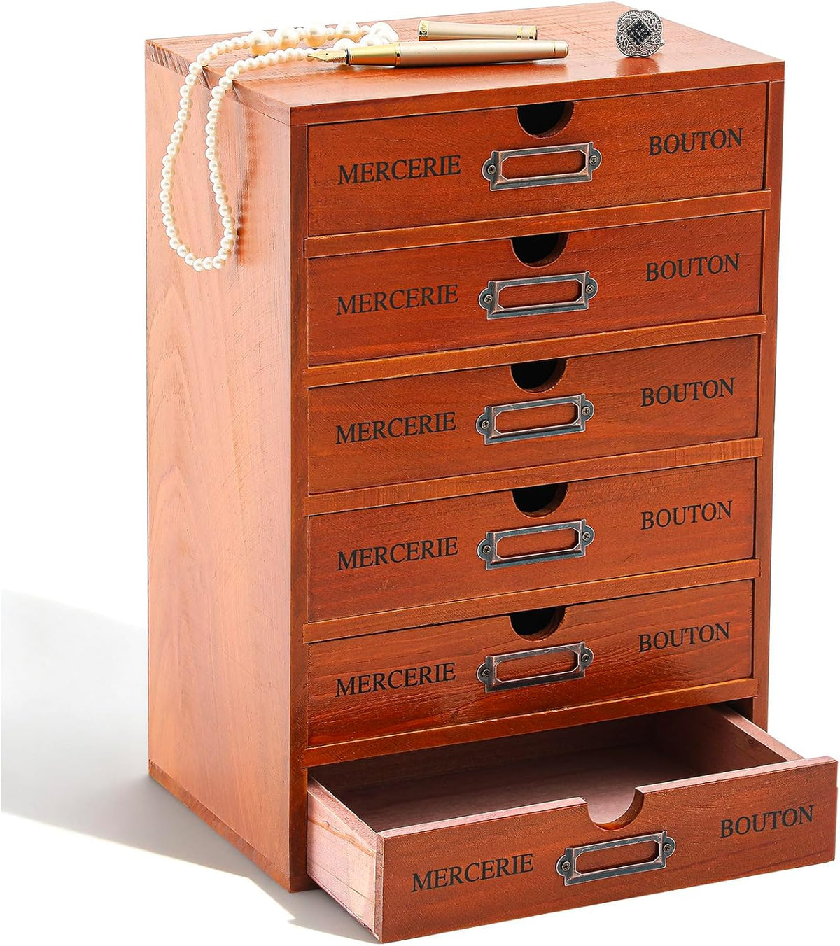 Wesiti Wooden Desk Organizer, 5 Drawers, Vintage Makeup Cabinet, Brown