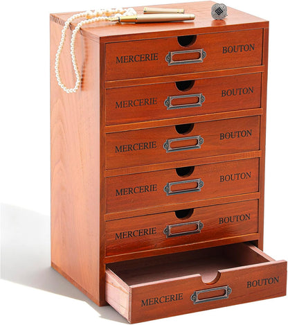Wesiti Wooden Desk Organizer, 5 Drawers, Vintage Makeup Cabinet, Brown