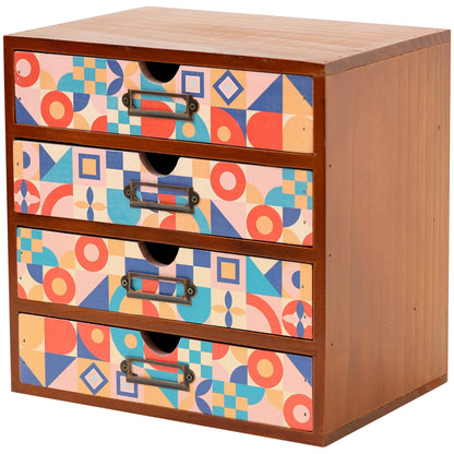 Mid-Century Modern Geometric Pattern Desk Organizer - Earth Tone Desktop Storage with 4-Drawer - Retro Modern Wood Cabinet for Office Supplies, Craft Tools, & Home Organization - MCM Drawer Unit