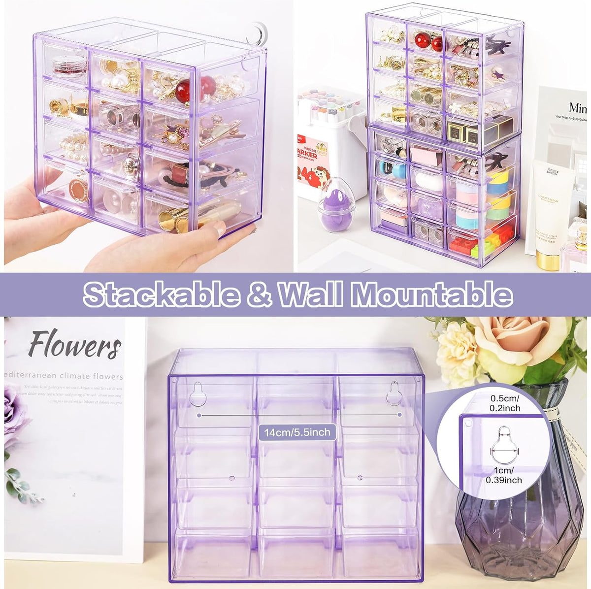 Desk Storage Organizer with 12 Mini Drawers, Stackable, Purple