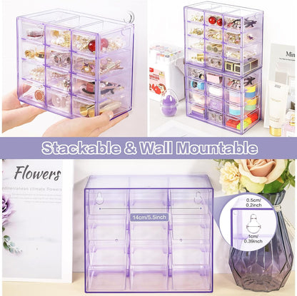 Desk Storage Organizer with 12 Mini Drawers, Stackable, Purple