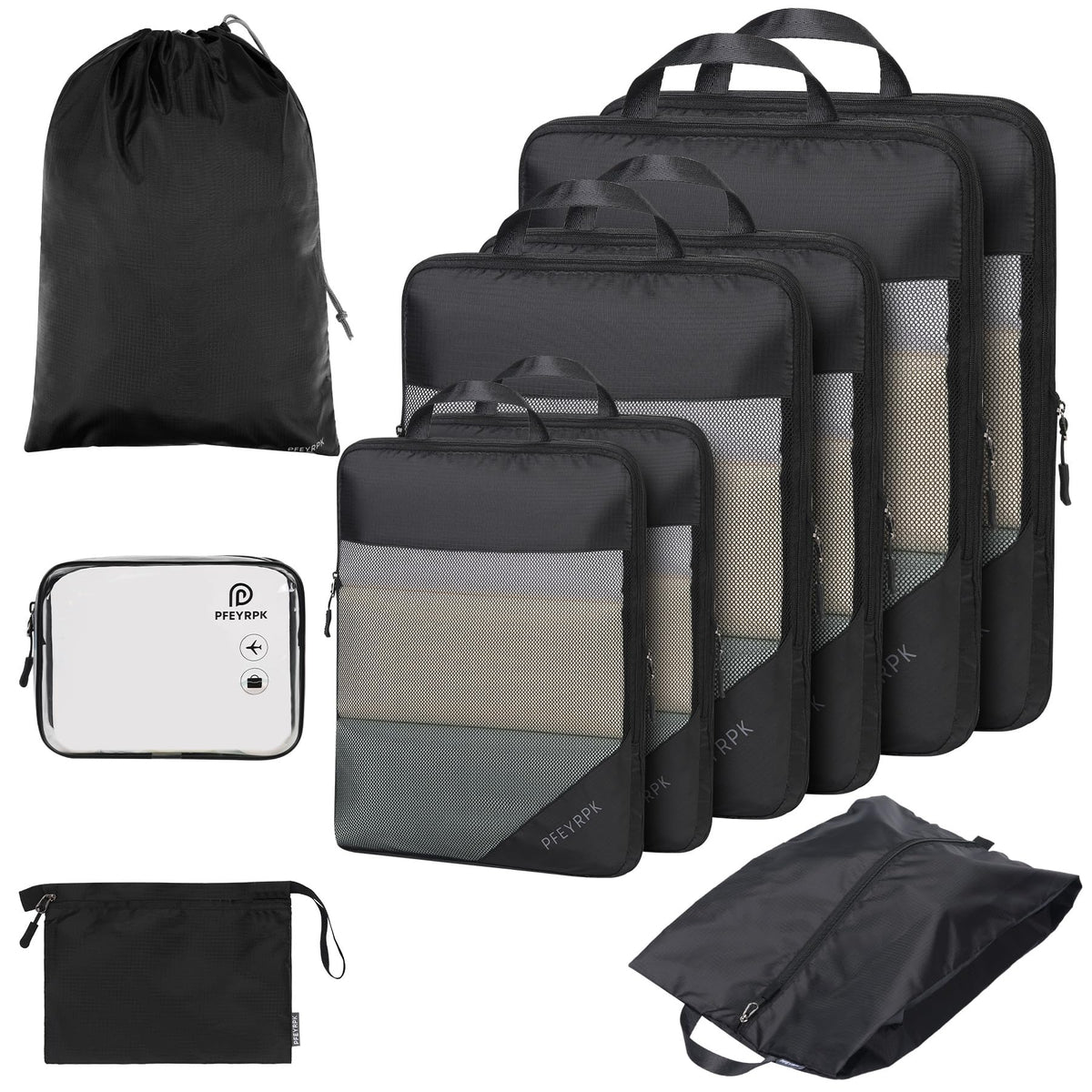 PFEYRPK Lightweight Compression Packing Cubes for Suitcases, Compressible Expandable Travel Packing Organizer with Clear Toiletries and Backpack Bag, Travel Essentials for Carry on Luggage 7 Set
